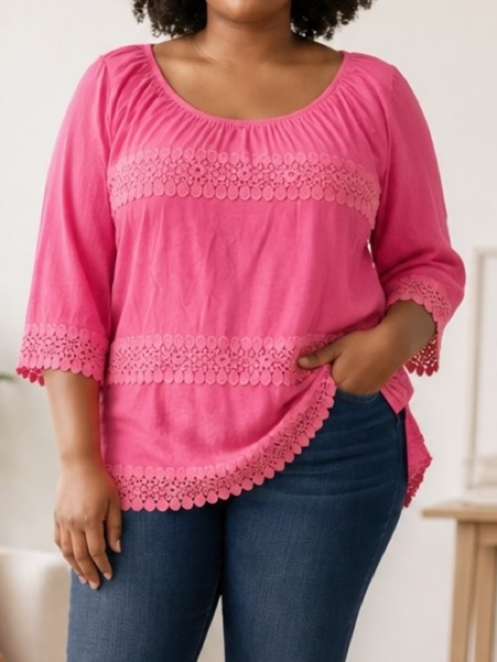 Avenue Pink 3/4 Sleeve with Crochet Details Women's Top